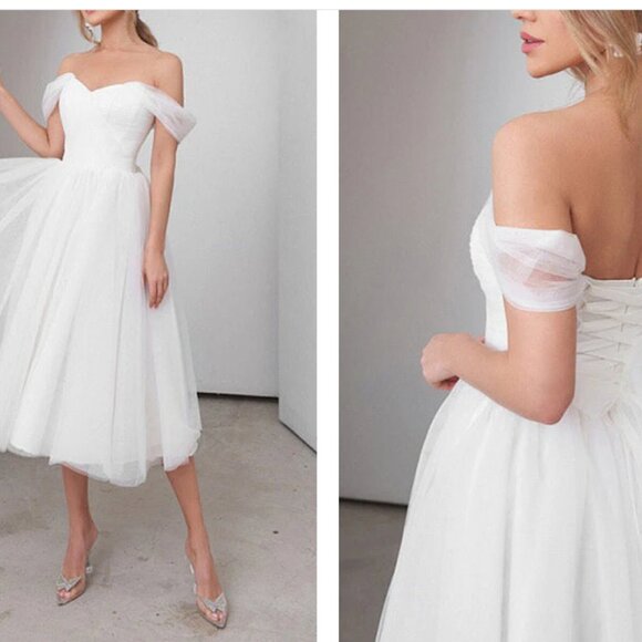Sweet A-Line Off-The-Shoulder Little White Tulle Wedding Dresses - Picture 1 of 3